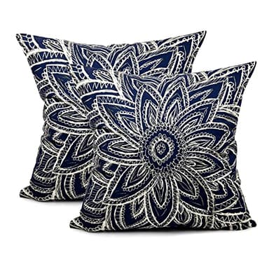 Suklly Plush Square Modern Navy Blue Abstract Floral Illustration Hidden Zipper Home Sofa Decorative Set of 2 Throw Pillow Cover Cushion Case 16x16 Inch Design Printed Pillowcase - Image 1