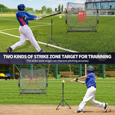 BAGAIL 7x7 ft Baseball & Softball Practice Net with Bow Frame for Batting, Hitting, Pitching, Portable Baseball Throwing Net with 2 Strike Zone Batting Tee, Carry Bag, Great for All Levels - Image 6