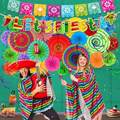 [ 5 Varieties ] 38 Pieces Cinco De Mayo Party Decorations, Fiesta Decorations Mexican Theme Party Supplies, Papel Picado Banner Paper Fans Pom Poms Hanging Swirls for Taco Tuesday Luau - Image 4