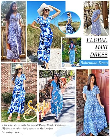 AUSELILY Long Casual Dress for Women Empire Waist Graduation Spring Short Sleeve Maxi Floral Dress S - Image 2