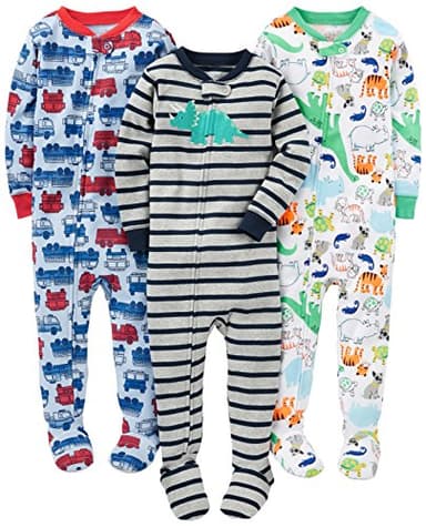 Simple Joys by Carter's Baby Boys' 3-Pack Snug Fit Footed Cotton Pajamas, Blue Firetruck/Grey Stripe/White Dinosaur, 18 Months - Image 1