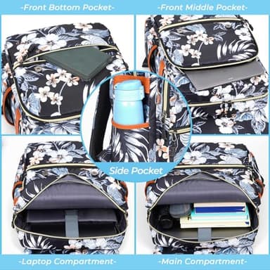 Ronyes Vintage Backpack for Women Men, Laptop Backpack 15.6 inch Bookbag Casual Daypack for College Work, Black with Flower Pattern - Image 6