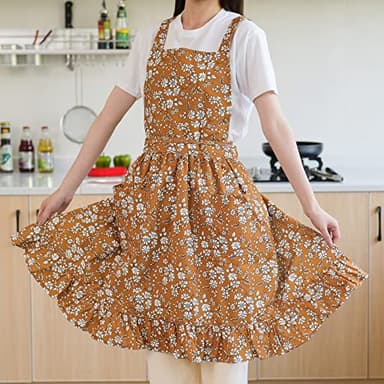 Pinknoke Vintage Pinafore Apron Dress for Women with Pockets Cute Floral Chef Aprons for Kitchen Cooking Baking Gardening (Tawny) - Image 8