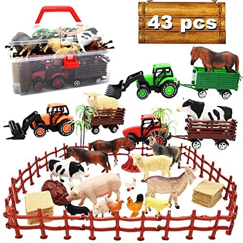 3 Pack Farm Toy Tractor with 40pcs Plastic Animals Figurines and Fence Playset, Farm Figures Farmer Vehicle Toy Truck with Trailer for 3-12 Years Old Kids Boys Girls Toddlers - Image 1