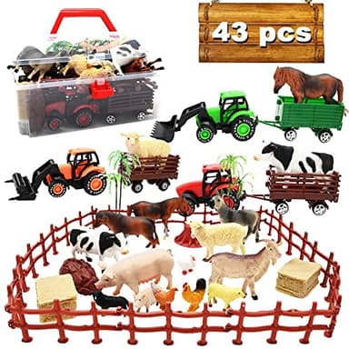 3 Pack Farm Toy Tractor with 40pcs Plastic Animals Figurines and Fence Playset, Farm Figures Farmer Vehicle Toy Truck with Trailer for 3-12 Years Old Kids Boys Girls Toddlers - Image 1