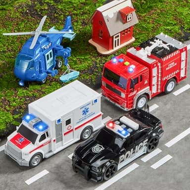 JOYIN 4 Packs Emergency Vehicle Toy Playsets, Friction Powered Vehicles with Light and Sound, Including Fire Truck, Ambulance, Play Police Car and Helicopter, Christmas Toddler Kids Boys Gifts - Image 2