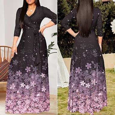 FANDEE Women's 2025 Maxi Dress - Floral Printed Bohemian Summer Long Maxi Dress V-Neck 3/4 Sleeve Sakura XL - Image 4