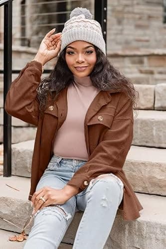 VICHYIE Womens Shirts Shacket Casual Long Sleeve Corduroy Lapel Oversized Button Down Blouses Tops Coat Coffee M - Image 7