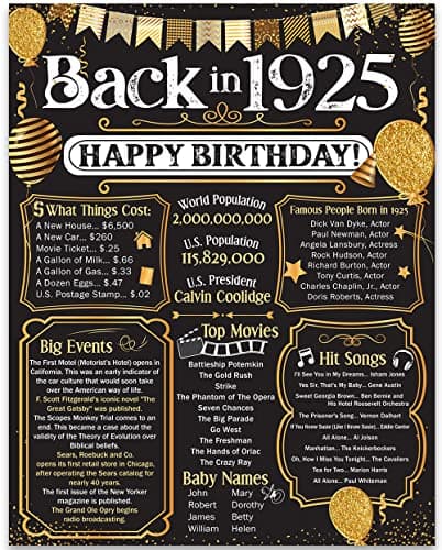 100th Birthday Party Decorations for 100th Birthday (One-hundred) - Remembering The Year 1925 Poster - Gifts for Men and Women Turning 100 - Back In 1925 Birthday Card Decorations 11x14 Unframed Print - Image 1