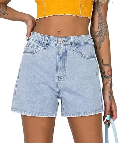 Angerella Jean Shorts for Women Relaxed Fit Casual High Waist Pocketed Denim Shorts Stretchy Blue L - Image 1