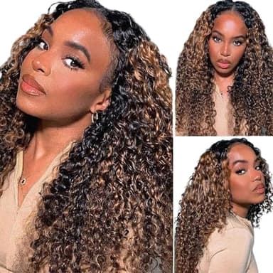 ghotool 250% Density Highlight V Part Wig Human Hair Glueless Ombre BrownThiner Lace Wig For Black Women Minimal Leave Out Upgrade U Part Human Hair Wig Kinky Curly Wigs 20 Inch - Image 2