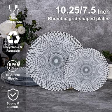 U-QE 20Pcs Black Plastic Plates - Starburst Vintage Plastic Plates Disposable Heavy Duty, Vintage Pattern Perfect for Weddings, Parties, Birthday - 10.25" Dinner Plate & 7.5" Dessert Plate - Image 3