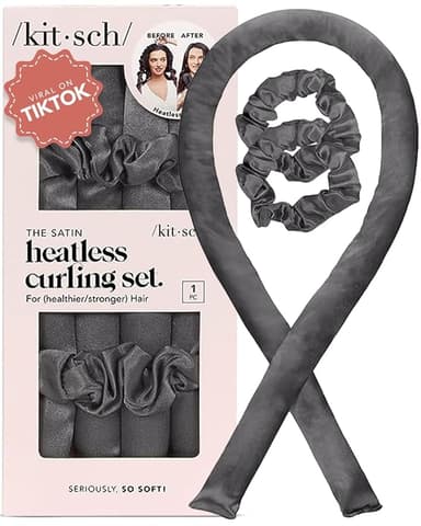 Kitsch Holiday Gift Silk Heatless Hair Curler | Heatless Curling Rod Headband | Satin Heatless Curling Set for Hair | Perfect Heatless Curls (Charcoal - Image 1