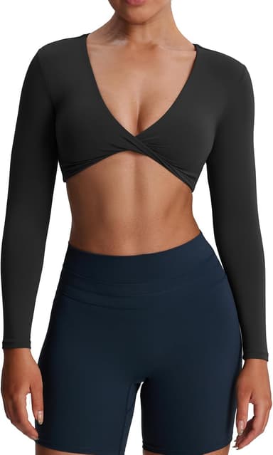 Aoxjox Long Sleeve Crop Tops for Women Sienna Twist Deep V Workout Cropped T Shirt Top - Image 2