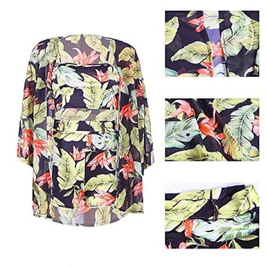 KEYUFANG Women 3 Piece Vocation Outfits Summer Suit Floral Kimono Cardigans Beach Cover Up Crop Cami Top Short Set Black - Image 4