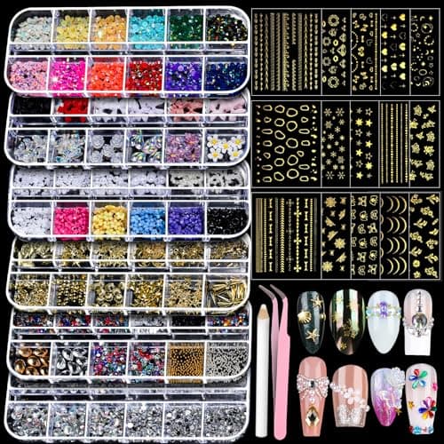 Teenitor Nail Charms Nail Gems with 15 Sheets Gold Nail Stickers, 6 Boxes of Rhinestones for Nails Art Tools, 3D Nail Decals Pearls for Nails - Image 1