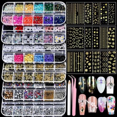 Teenitor Nail Charms Nail Gems with 15 Sheets Gold Nail Stickers, 6 Boxes of Rhinestones for Nails Art Tools, 3D Nail Decals Pearls for Nails - Image 1