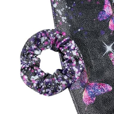 Vogseek 9-10 Years Girls Gymnastics Leotards with Hair Scrunchie Sparkle Dance Unitards Purple Butterfly's Glitter Active Biketards with Shorts for Kid Cute Tumbling Dance Outfit, Black - Image 5