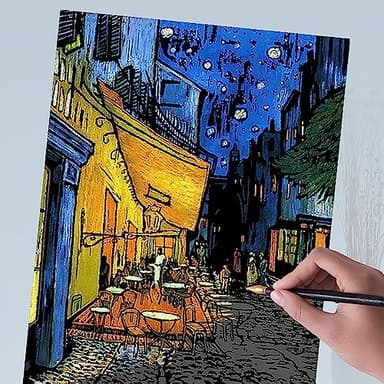 Scratch Art Painting 4 Pcs Vincent Van Gogh Scratch Rainbow Paper Set for Adults and Kids, DIY Sketch Card Engraving Craft Night View Scratchboard with 4 Tools - Cafe Terrace, Sunflowers, Starry Night - Image 4