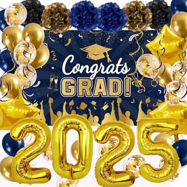 Graduation Decorations Class of 2025, Navy Blue Gold Graduation Decor Set with Congrats Grad Banner, Foil Balloons, Paper Pompoms, Hanging Swirls for 2025 High School & College Grad Party Supplies - Image 1