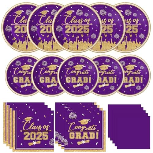 Graduation Plates and Napkins 2025 Graduation Party Supplies, Class of 2025 Congrats Grad Disposable Paper Plates Cocktail Napkins Set for Purple Gold 2025 Graduations Party Decorations Sets, Serve 50 - Image 1
