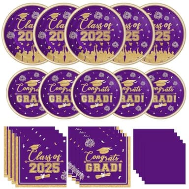Graduation Plates and Napkins 2025 Graduation Party Supplies, Class of 2025 Congrats Grad Disposable Paper Plates Cocktail Napkins Set for Purple Gold 2025 Graduations Party Decorations Sets, Serve 50 - Image 1