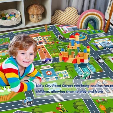 VNUVCOE Kids Car Rug Playmat Carpet, Playroom City Road Race Track Rug for Playing Cars Toys, Educational Area Rugs for Bedroom Classroom Toddlers Kids Room Safe Area Decor(Green,2.6x3.9ft) - Image 3