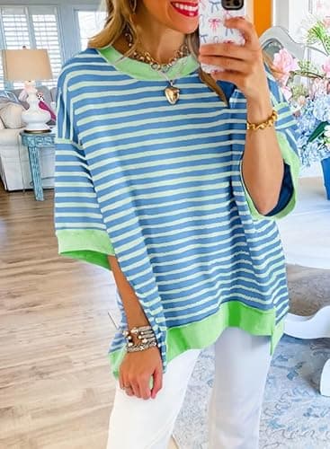 SHEWIN Shirts for Women 2025 Loose Short Sleeve Sweatshirt Cute Womens Summer Tops Dressy Casual Crewneck Color Block Tee Shirt Trendy Spring Outfits Sky Blue Stripe XL - Image 3