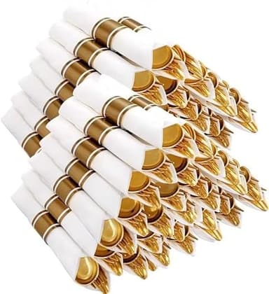 Joyido 400PCS Pre Rolled Gold Plastic Silverware Sets - Heavy Duty Gold Cutlery - Include 100 Pack Wrapped Disposable Utensils with Napkins for Parties, Dinners & Weddings - Image 1