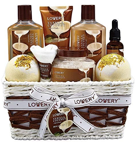 Gifts For Women Gift Basket for Women– 9 Piece Set of Vanilla Coconut Home Spa Set, Includes Fragrant Lotions, Extra Large Bath Bombs, Coconut Oil, Luxurious Bath Towel & More - Image 1