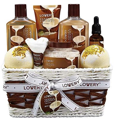Gifts For Women Gift Basket for Women– 9 Piece Set of Vanilla Coconut Home Spa Set, Includes Fragrant Lotions, Extra Large Bath Bombs, Coconut Oil, Luxurious Bath Towel & More - Image 1