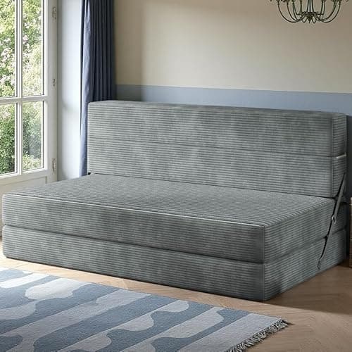 YITAHOME Convertible Folding Sofa Bed, Corduroy Fabric Fold Out Chair Bed, High-Density Memory Foam Floor Futon Couch for Living Room Bedroom Guest Use Apartment, Grey, Queen Size - Image 1