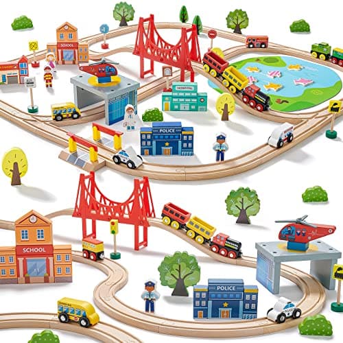 Tiny Land 110PCS Wooden Train Set – Toy Train with Tracks for Kids Ages 3-7, Compatible with Major Brands, Ideal Railway Playset for Boys and Girls, Great Birthday - Image 1