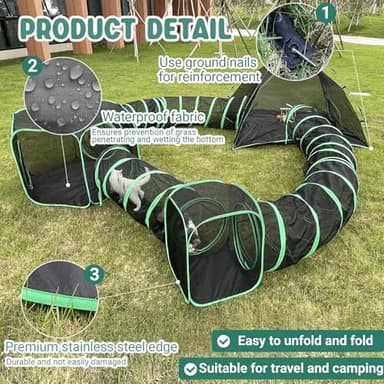 Pawtenda 6-in-1 Cat Tents for Outside, Portable Outdoor Cat Enclosures for Indoor Cats, Pet Play Cage with Tunnels for Outside, Outdoor Catio, Pet Playpen Including 3 Tents and 3 Tunnels - Image 3