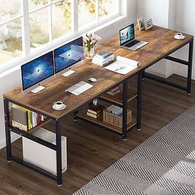 Tribesigns Two Person Desk with Bookshelf, 78.7 Computer Office Double Desk for Two Person, Rustic Writing Desk Workstation with Shelf for Home Office (Brown) - Image 4