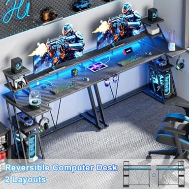47 Inch Gaming Desk with LED Lights & Power Outlet, L Shaped Computer Desk with Storage Shelves, Gamer Workstations with Monitor Stand for Bedroom, Carbon Fiber Black - Image 3