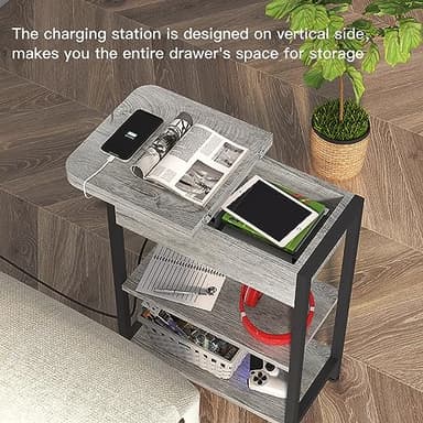 LIDYUK End Table with Charging Station, Set of 2 Flip Top Narrow Side Table for Small Spaces, Nightstands Set of 2 for Bedroom, End Tables Living Room with Storage Shelves, Light Grey - Image 4