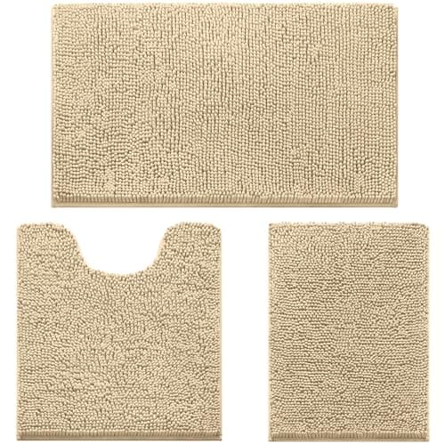 HOMEIDEAS 3 Pieces Bathroom Rugs, Ultra Soft Non Slip Absorbent Chenille Toilet Bath Mat Set (Beige) - Image 1