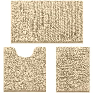 HOMEIDEAS 3 Pieces Bathroom Rugs, Ultra Soft Non Slip Absorbent Chenille Toilet Bath Mat Set (Beige) - Image 1