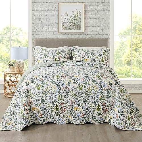 Travan 3-Piece Quilt Set Quilted Bedspread Lightweight Coverlet Set Garden Style Floral Printed Oversized Quilted Bedding Set with Shams for All Season, Exquisite, Queen Size - Image 1
