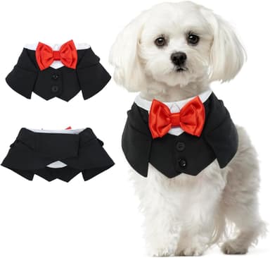 Small Dog Tuxedo Dog Suit and Tie Dog Wedding Bandana Adjustable Collar Red Bowtie Dog Parties Birthday Bandana Boy Girl Dog Formal Costume Wedding Outfit for Small Dogs Yorkie,Toy Poodle IKIPUKO - Image 2
