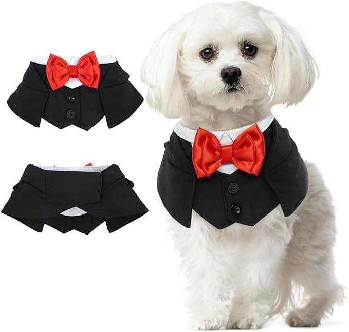 Small Dog Tuxedo Dog Suit and Tie Dog Wedding Bandana Adjustable Collar Red Bowtie Dog Parties Birthday Bandana Boy Girl Dog Formal Costume Wedding Outfit for Small Dogs Yorkie,Toy Poodle IKIPUKO - Image 1