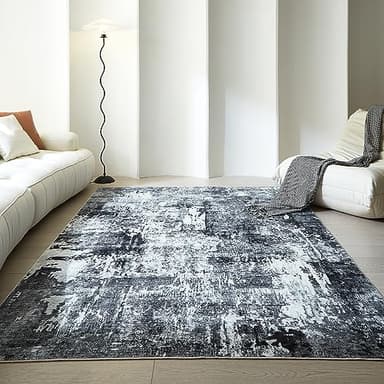 Rugcomf 6x9 Rug Washable Bedroom Rug Large Soft Area Rug Abstract Pattern Non-Slip Faux Wool Vintage Rug for Living Room, Farmhouse, Dining Room, Kids Playroom, Grey and Black - Image 2
