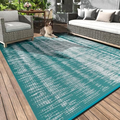 MontVoo Outdoor Rug Waterproof 5x8 ft Outdoor Carpet Patio Rug Mat Reversible RV Camping Rugs Plastic Straw Outside Rugs for Balcony Porch Deck Picnic Beach Modern Teal - Image 1