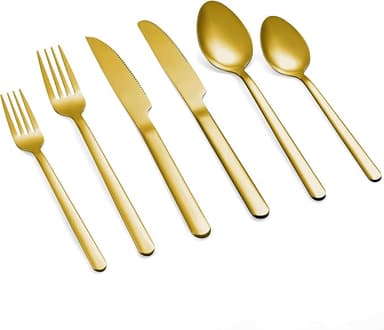 24 Pcs Gold Silverware Set with Steak Knives, Food-Grade Stainless Steel Flatware Cutlery Set for 4, Mirror Polished Tableware Eating Utensils Set for Kitchen, Knife Fork Spoon Set, Dishwasher Safe - Image 1