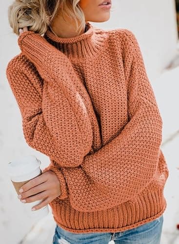 Dokotoo Fall Sweaters for Women 2025 Batwing Long Sleeve Turtleneck Sweaters Solid Autumn Basic Casual Halloween Sweaters Loose Oversized Chunky Knit Pullovers Sweaters Jumper Orange Blouses Medium - Image 5