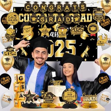 2025 Graduation Decorations Set- Class of 2025 Grad Party Decorations, Congrats Grad Banner, Backdrop, Grad Hanging Swirl, Balloons and Honeycomb Table Toppers, Graduation Party Supplies - Image 5