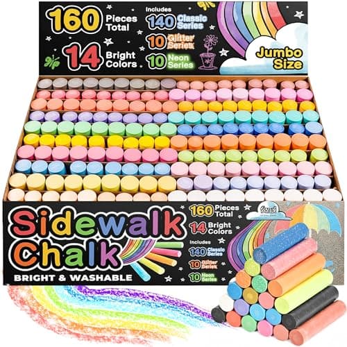 160 PCS Sidewalk Chalk for Kids - 14 Colors, 10 Glitter, 10 Neon Non-Toxic Washable Jumbo Chalks - Bulk Set of Outdoor Paint for Kids and Toddlers - Chalkboard Toys - Big Bucket Chalk for Party - Image 1