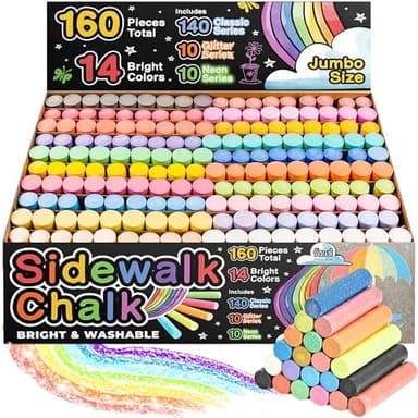 160 PCS Sidewalk Chalk for Kids - 14 Colors, 10 Glitter, 10 Neon Non-Toxic Washable Jumbo Chalks - Bulk Set of Outdoor Paint for Kids and Toddlers - Chalkboard Toys - Big Bucket Chalk for Party - Image 1