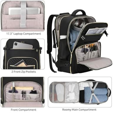 KROSIAS Travel Backpack for Women, Carry On Backpack for Airplanes Flight Approved, Waterproof Large Weekender Overnight Bag Fit 17 Inch Laptop with USB Charging Port, Black - Image 2